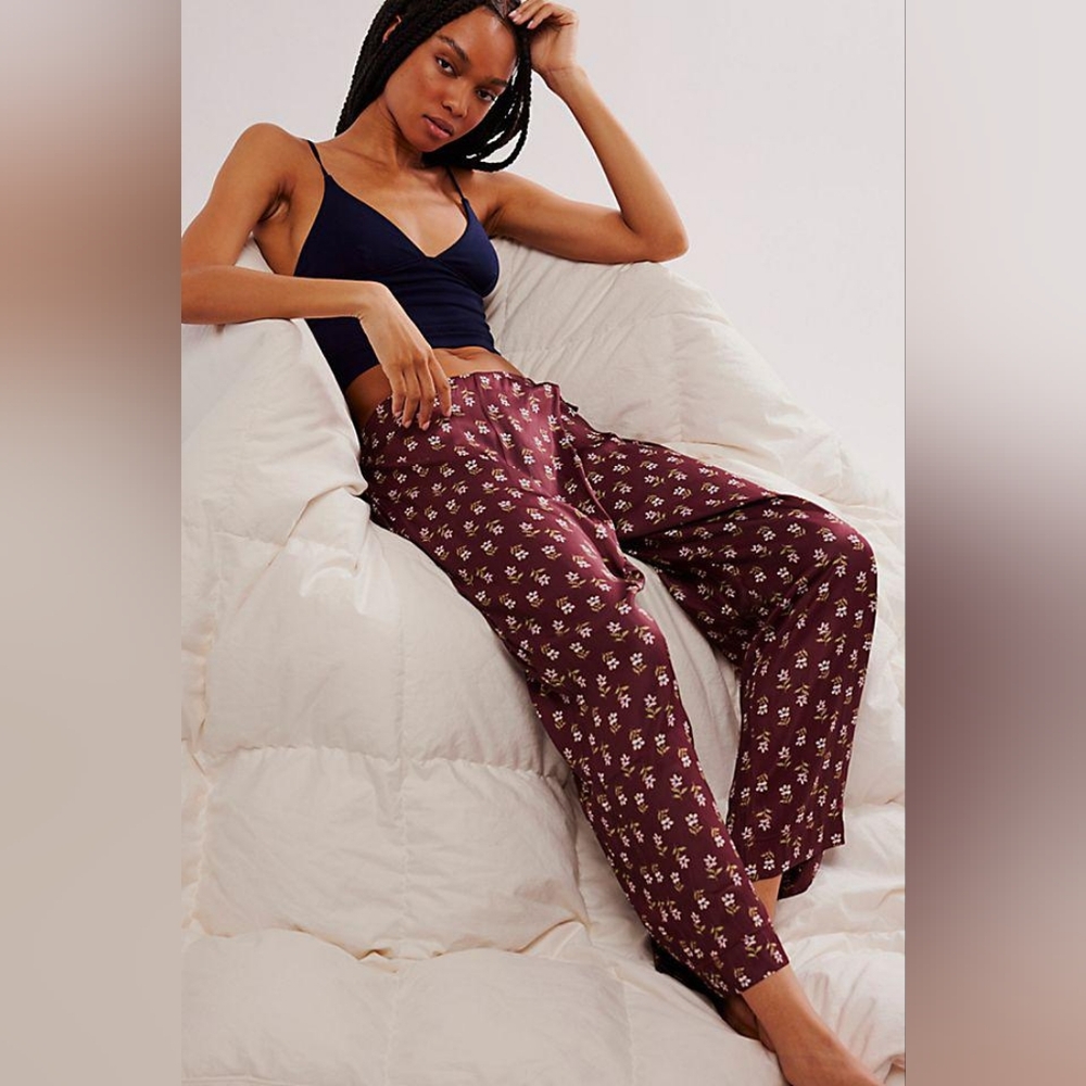 Free People Intimates Burgundy Floral Pants Xl Pajama Lounge Or Dress - Picture 2 of 10